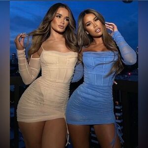 Oh Polly Amiens Tie Mesh Corset Ruched Mini Dress Cream Sand Size 2